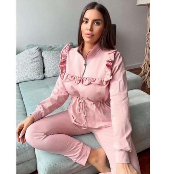 Pink Long Sleeve High Neck Frill Detail Top and Jogger Pants Two Piece Set - Picture 6 of 11